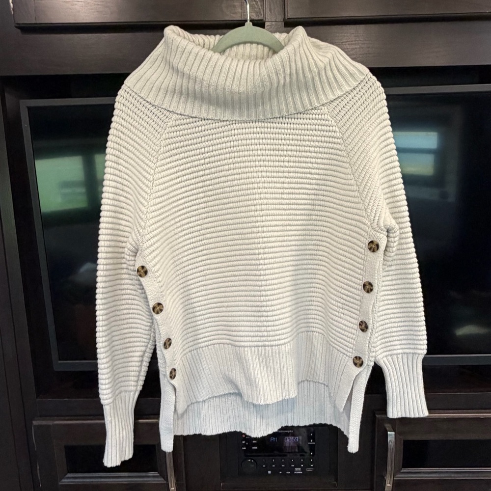 Women's Cowl Neck Cream Sweater with Button Accents